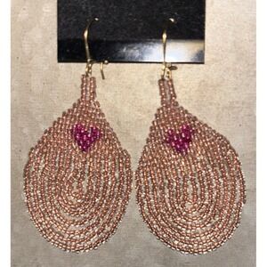 Handmade Beaded Teardrop Earrings Rose Gold Pink Heart Dangle Boho